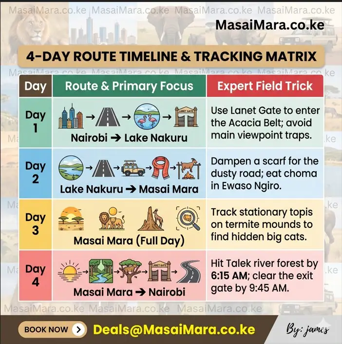 Infographic table mapping a 4-day safari route with timelines and expert field tricks.