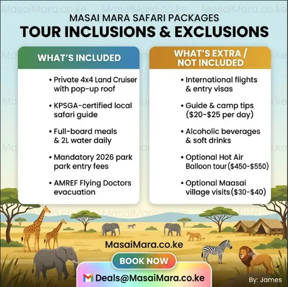 Infographic side-by-side comparison of Masai Mara safari package inclusions and extra costs with wildlife.