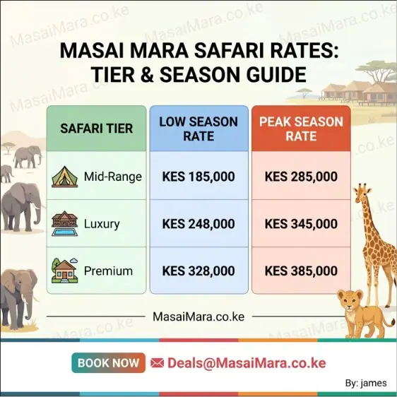 Price table comparing Masai Mara safari rates for three tiers across low and peak seasons.