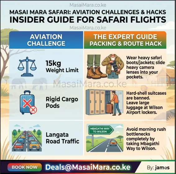 Infographic listing Masai Mara safari flight challenges (weight, hard shells) and corresponding expert guide solutions.
