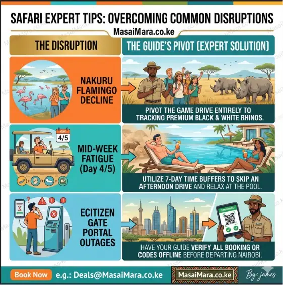 An infographic showing common safari disruptions and expert guide solutions for issues.