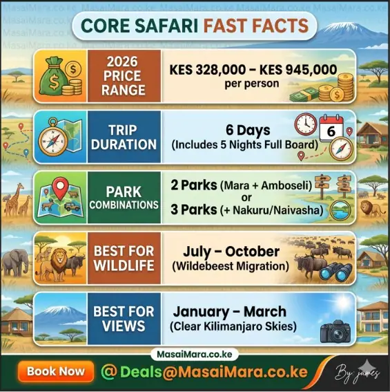 Infographic overview of safari pricing tiers, trip durations, and best travel seasons.