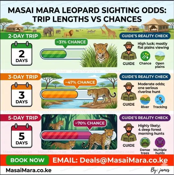 Infographic comparing leopard sighting probabilities for 2, 3, and 5-day Masai Mara safaris.
