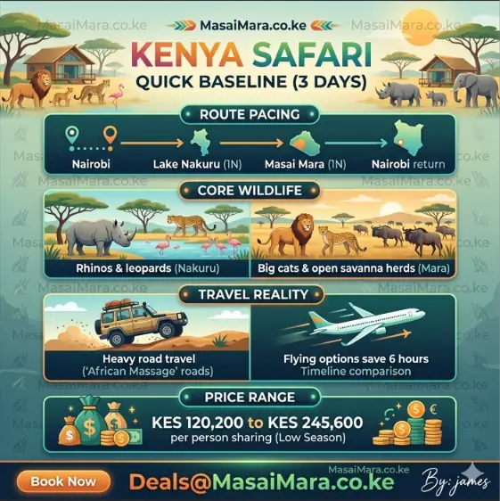 Infographic detailing the 3-day Kenya safari route pacing, core wildlife, reality, and prices.