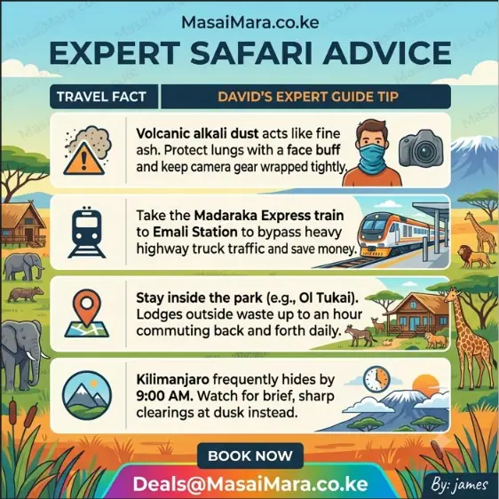 Infographic sharing four expert tips and travel facts for a successful Masai Mara safari.