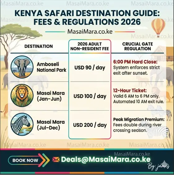 Square infographic comparison of safari fees and regulations for Amboseli and Masai Mara.