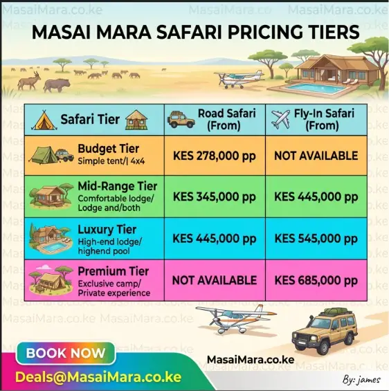 Comparison matrix of 2026 road and fly-in safari prices across four tier options.