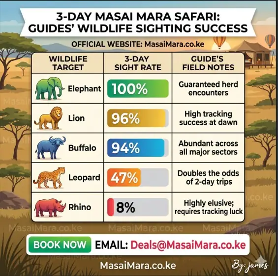 Infographic table showing wildlife sighting success rates for a 3-day Masai Mara safari.
