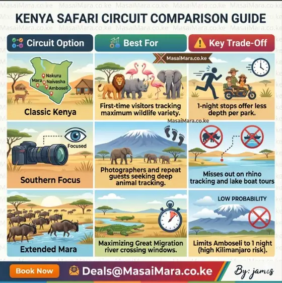 Infographic matrix comparing three Kenya safari circuit options, their best uses, and trade-offs.