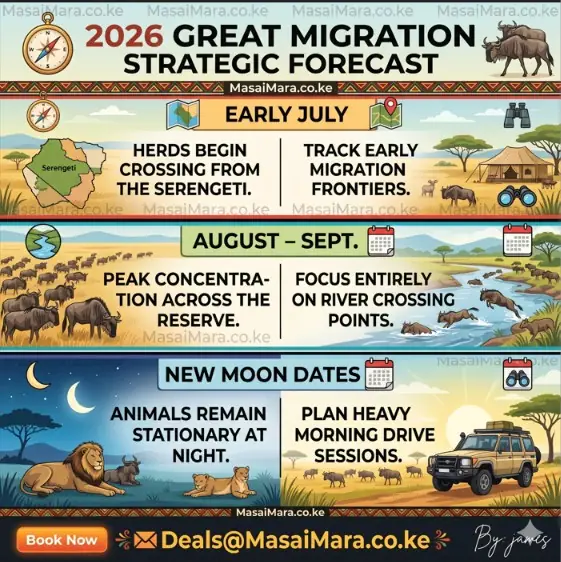 Infographic forecasting great migration patterns and strategic actions across seasonal dates.