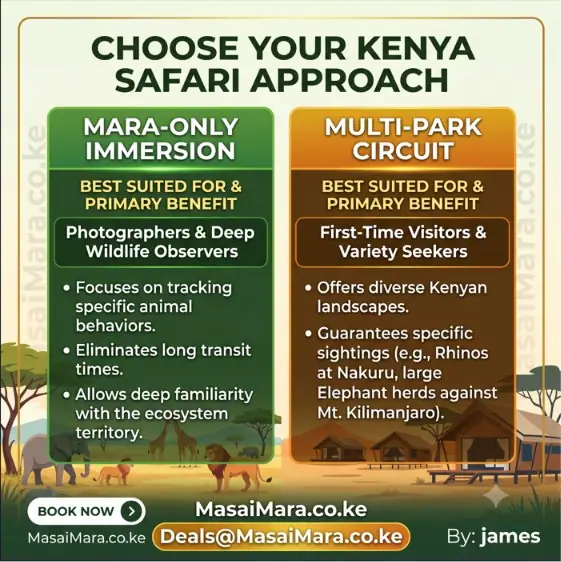 Infographic table comparing a Mara-only safari approach with a multi-park Kenya circuit.