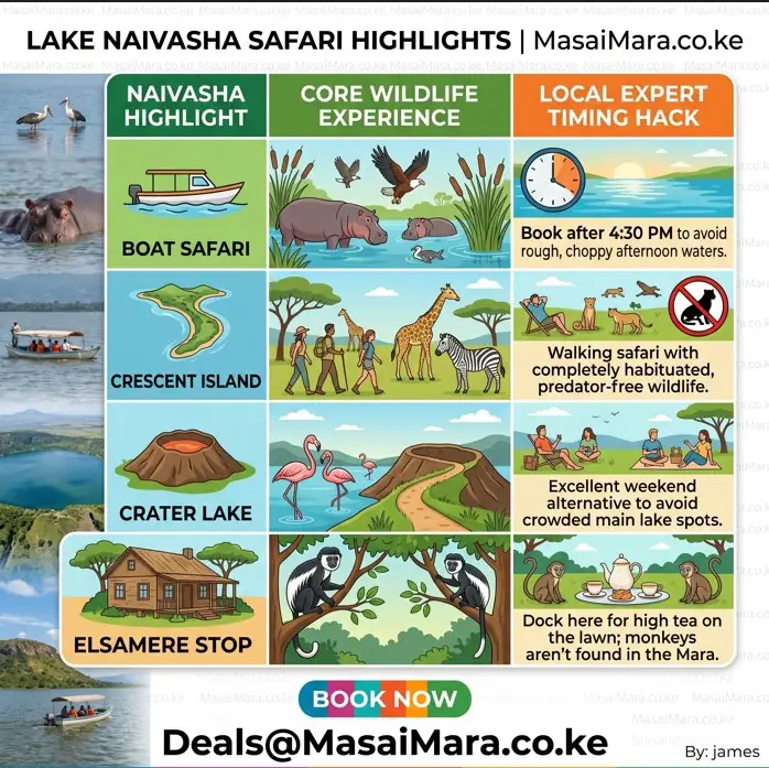 Infographic comparing Lake Naivasha safari attractions, wildlife experiences, and strategic timing hacks.