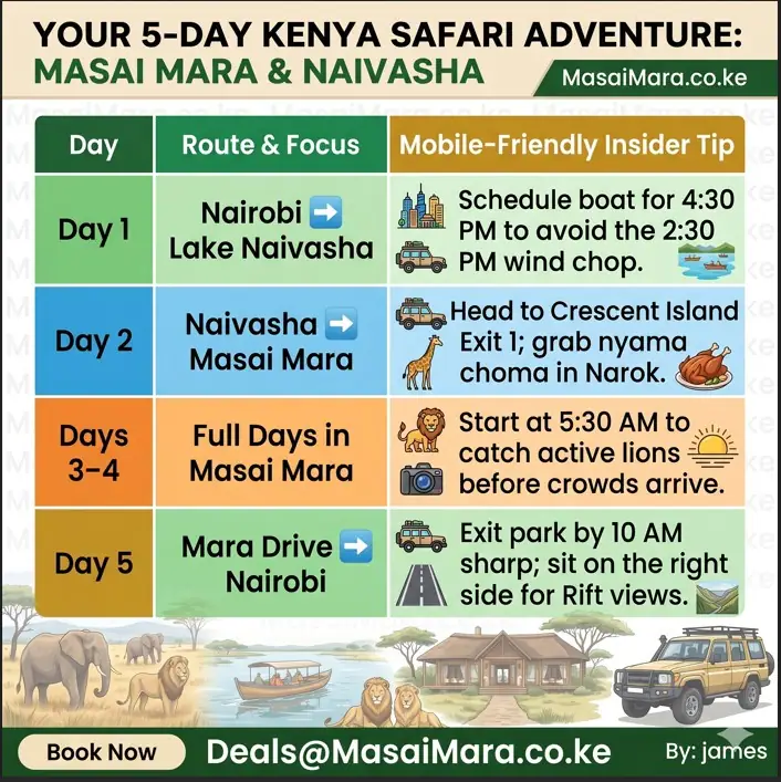Infographic table mapping a 5-day Kenya safari itinerary with route steps and tips.