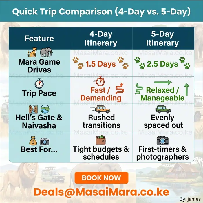Comparison table of 4-day and 5-day Masai Mara and Lake Naivasha safaris
