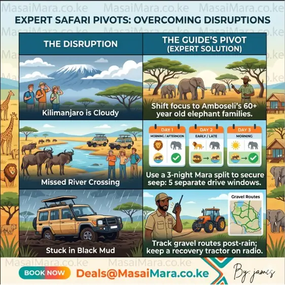 Infographic chart comparing safari disruptions to expert guide pivots for common travel issues.