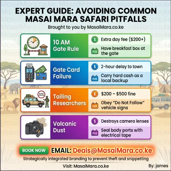 An infographic illustrating common Masai Mara safari pitfalls, costs, and guide-recommended proactive fixes for tourists.
