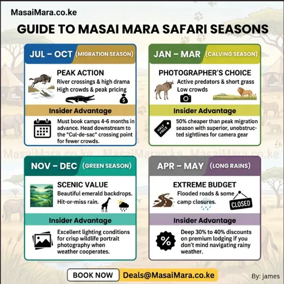 Infographic guide comparing four safari seasons in Masai Mara: Migration, Calving, Green, and Long Rains.