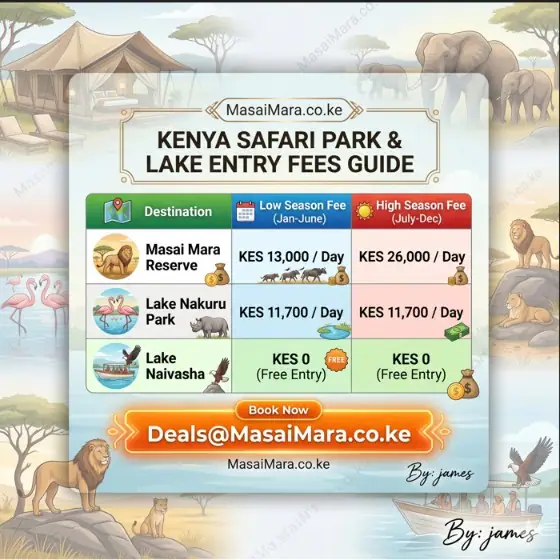 An infographic chart detailing entry fees for Masai Mara, Lake Nakuru, and Lake Naivasha across low and high seasons.