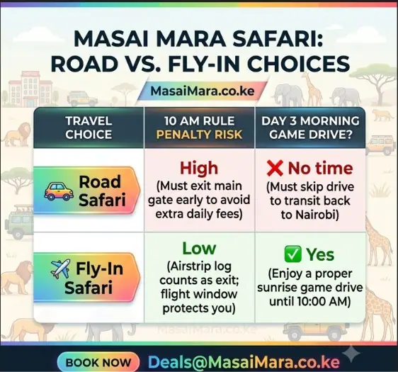 Infographic comparing Road Safari vs Fly-In Safari on 10 AM Rule Risk and Day 3 Game Drive.
