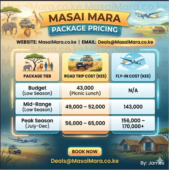 Infographic chart showing Masai Mara road trip and fly-in costs for different seasons.