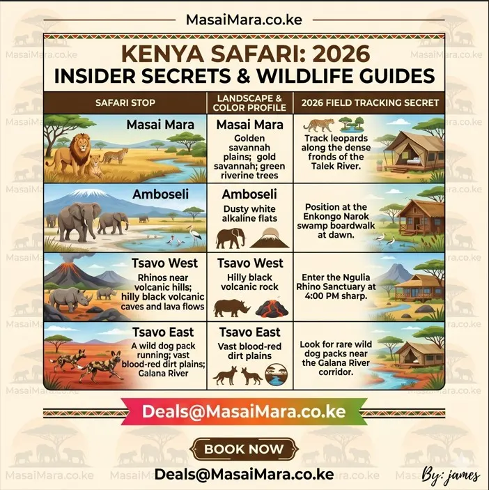 Infographic table profiling ecosystems, landscapes, and wildlife tracking secrets across four Kenya parks.