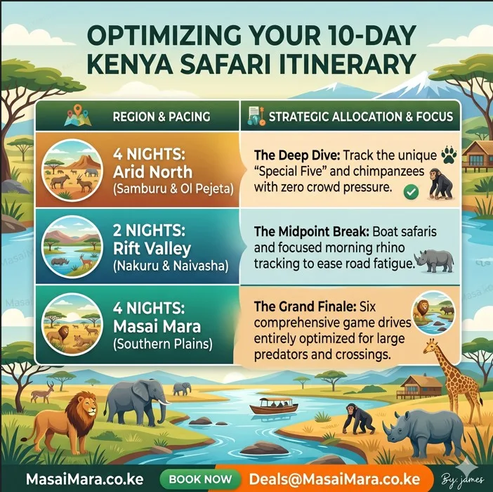 An infographic outlining an 10-Day Kenya Safari Itinerary with three regional focuses.