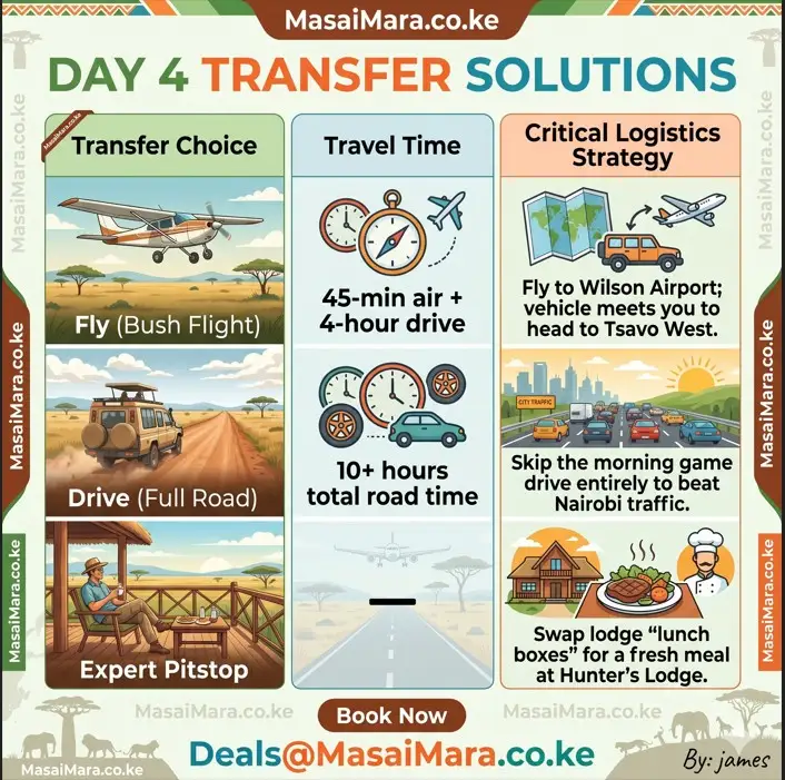An infographic comparing flying and driving transfer options for Kenya safaris, including travel times.