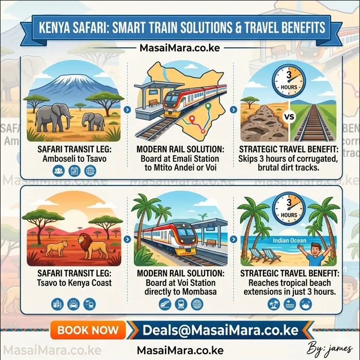 Infographic showing rail transit solutions and strategic travel benefits for Kenya safaris.