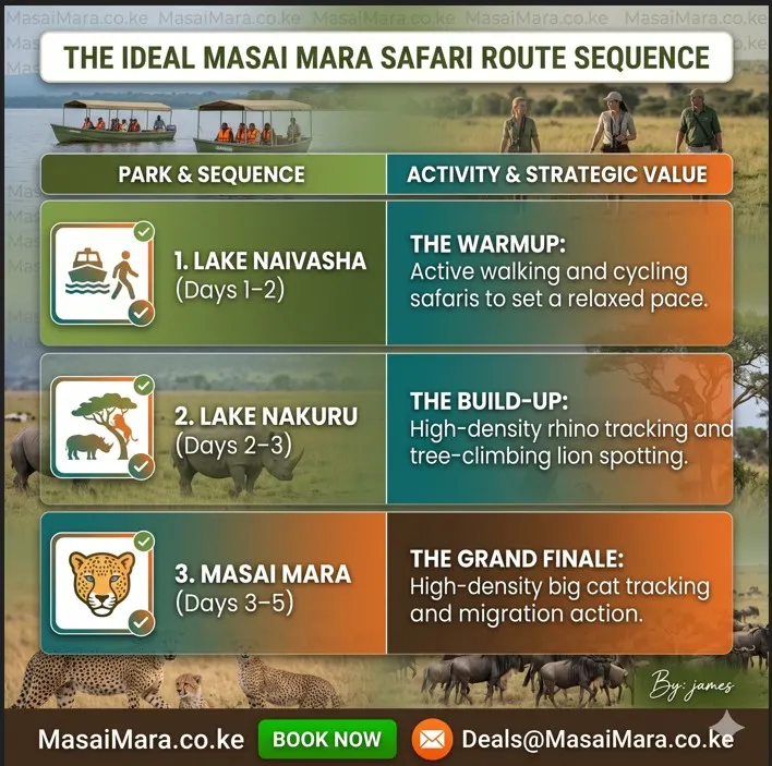 Infographic showing the best sequence for visiting Naivasha, Nakuru, and Mara.