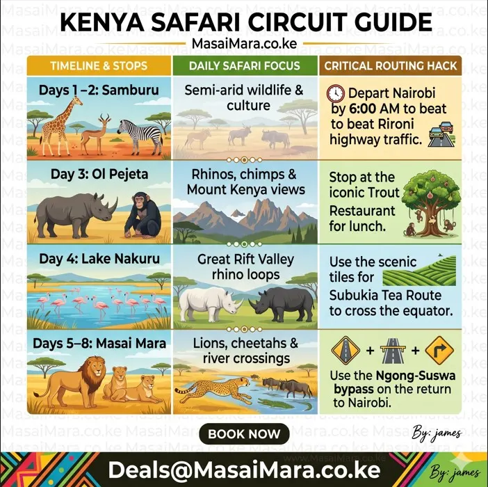 Professional square infographic guiding through a Kenya safari circuit with timelines, wildlife focus, and routing tips.
