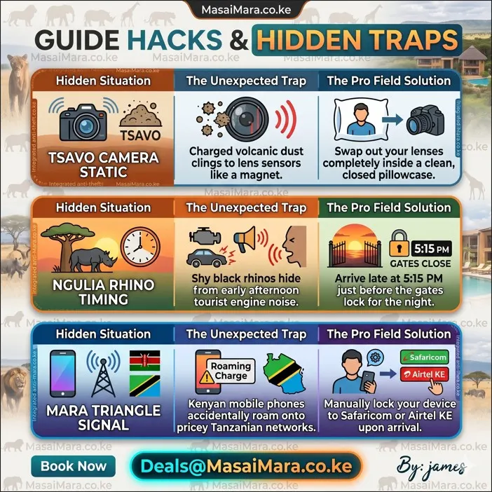A colourful square infographic comparing safari guide hacks and field traps with solutions.