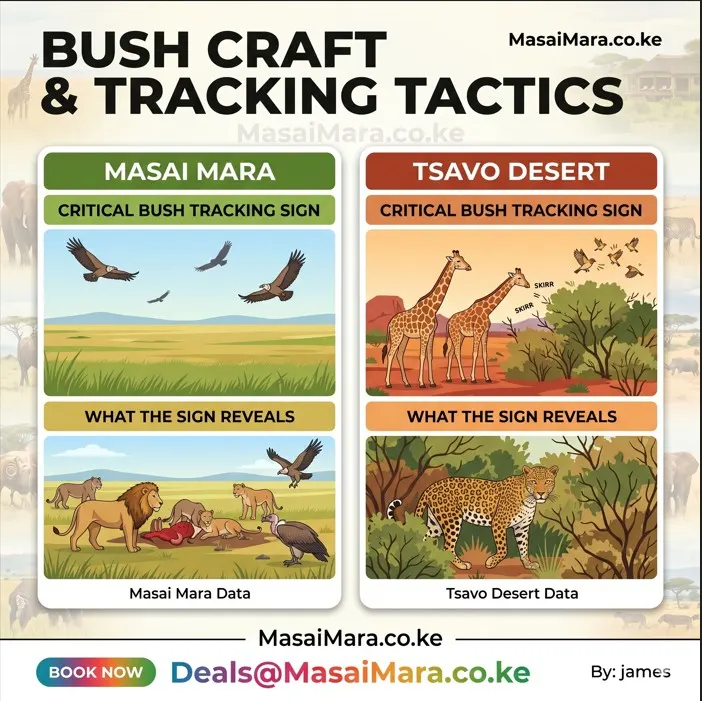 A professional 1:1 square infographic comparing tracking methods and wildlife signs in Masai Mara and Tsavo.