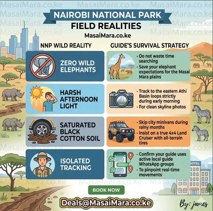 A clean 1:1 square infographic detailing Nairobi National Park wild realities and guide survival strategies.