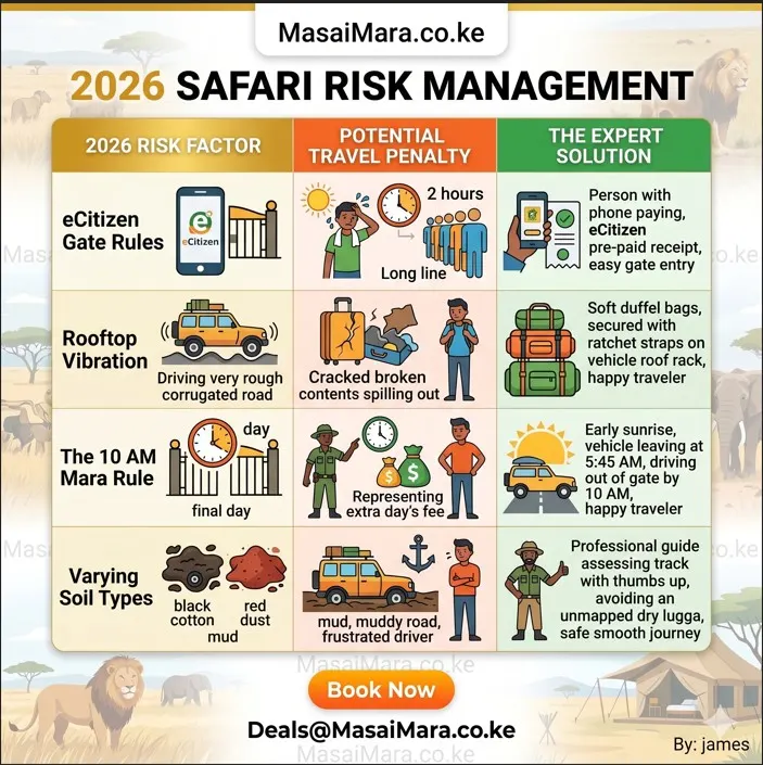 Professional infographic showing safari risks, potential penalties, and expert solutions for travelers.