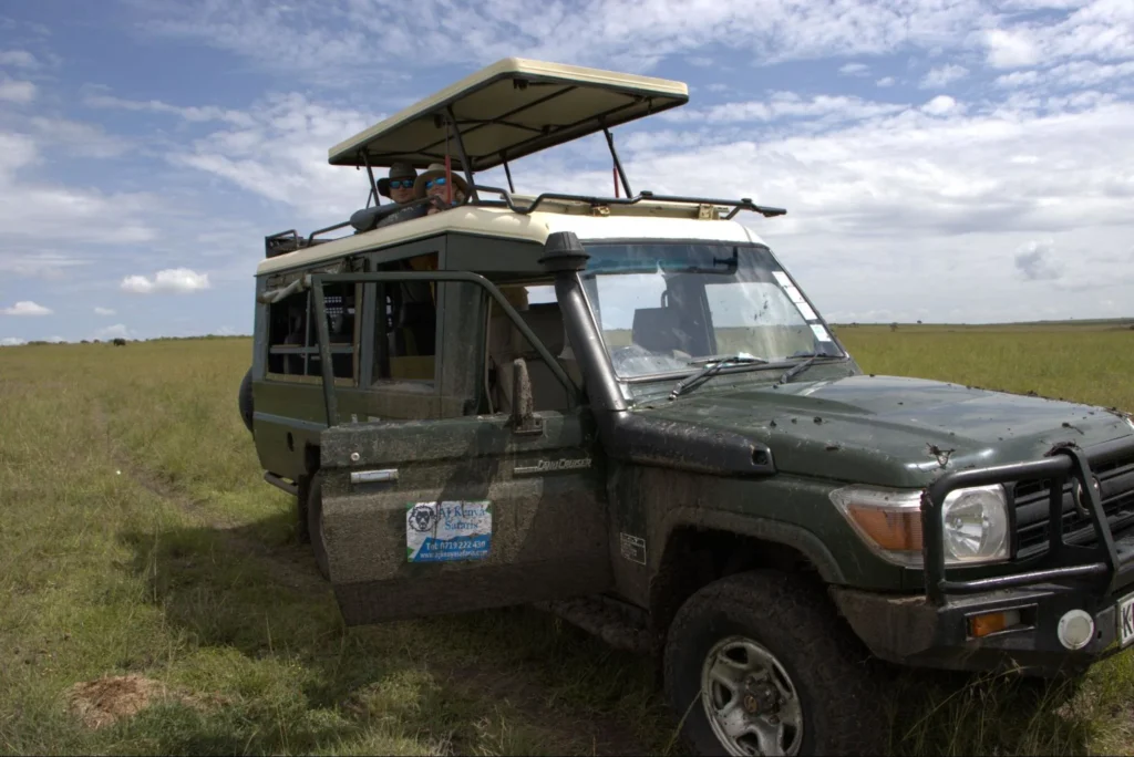 Two tourists viewing wildlife from the open pop-up roof of a safari vehicle.