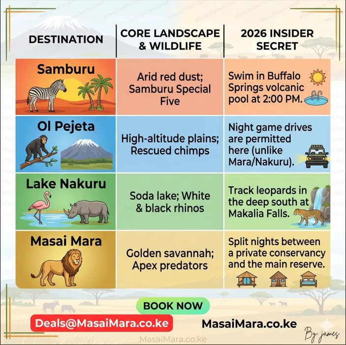 Professional square infographic guiding to Kenya safari destinations, landscapes, and travel hacks.
