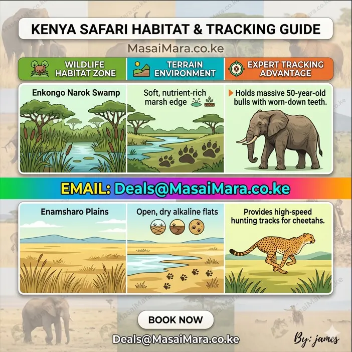 Infographic comparing swamp and plains habitats in Kenya with tracking guide for elephants and cheetahs.