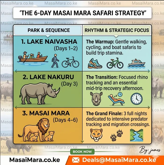 Infographic showing the strategic timing and sequence for a six day Kenya safari.