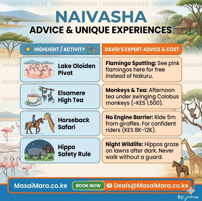 Infographic chart detailing hidden activities, costs, and safety rules for Lake Naivasha safaris.