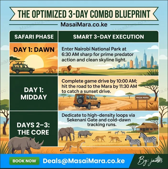 Infographic outlining a strategic 3-day Nairobi Masai Mara safari combo blueprint and core phases.