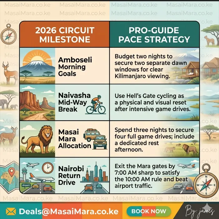 Infographic of 2026 safari circuit milestones in Kenya including Amboseli, Naivasha, Masai Mara strategies.