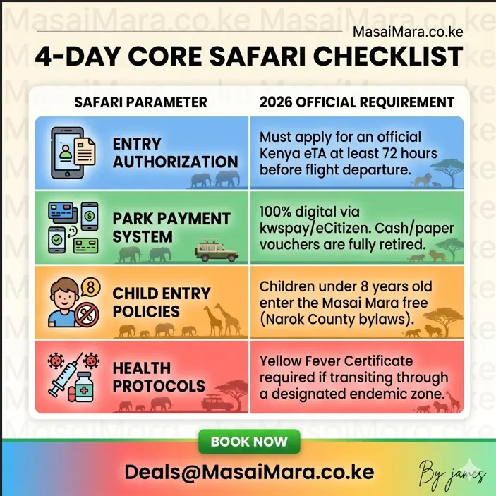 Infographic checklist outlining eTA, digital payments, child policies, and health protocols for Kenya safaris.