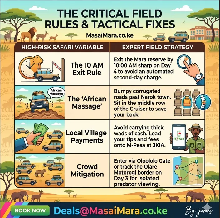 A colorful infographic showing four critical field rules and tactical fixes for a Masai Mara safari, like the 10 AM exit rule and "African Massage".