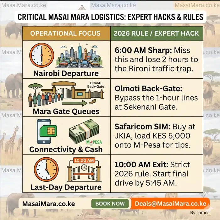 A clean infographic table detailing critical Masai Mara safari logistical rules and expert hacks.