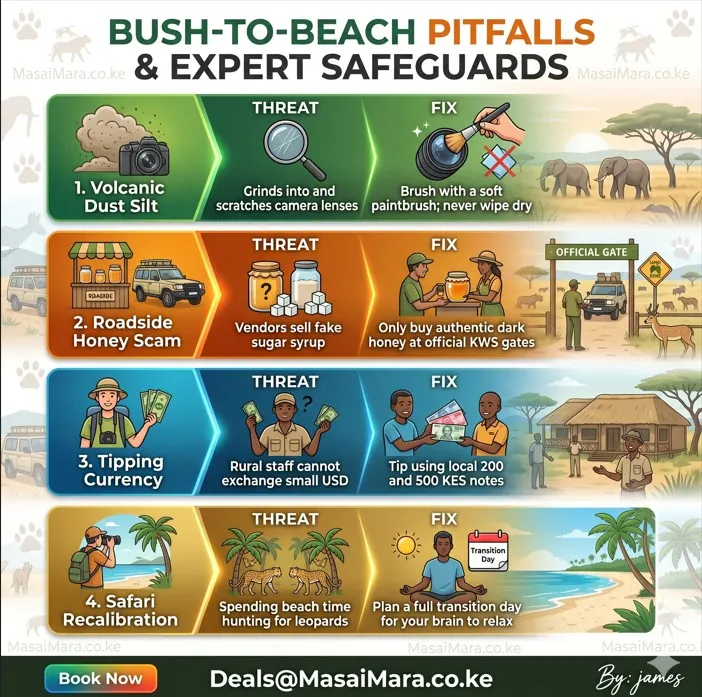 An infographic comparing safari pitfalls like dust and scams with expert field fixes.