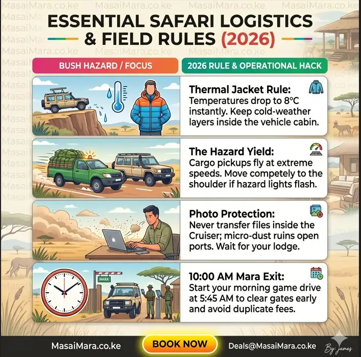 Infographic chart detailing expert hacks for safari hazards like escarpments and dust.