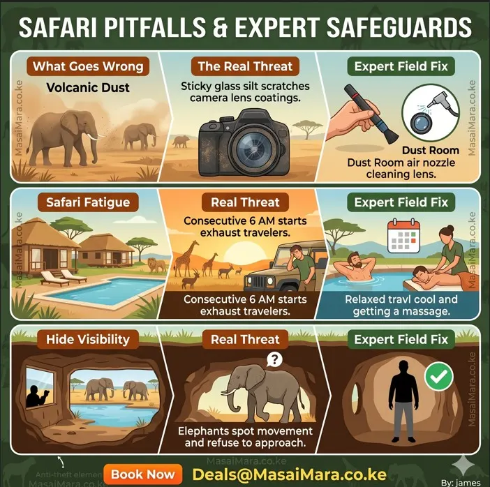 Infographic showing African safari pitfalls like volcanic dust and fatigue with expert safe fixes.