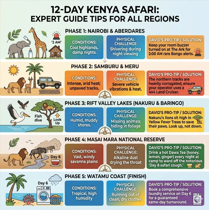 Infographic showing 12-day Kenya safari expert regional guide tips, microclimates, and travel solutions.