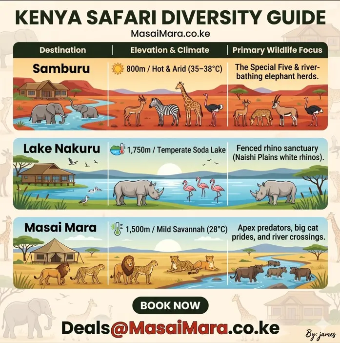 Guide to Kenya safari destinations, climate, elevation, and wildlife focus.