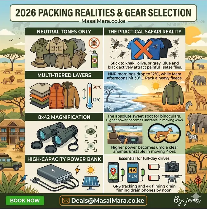 Modern illustrated infographic showing practical safari packing realities and gear selection for MasaiMara.co.ke